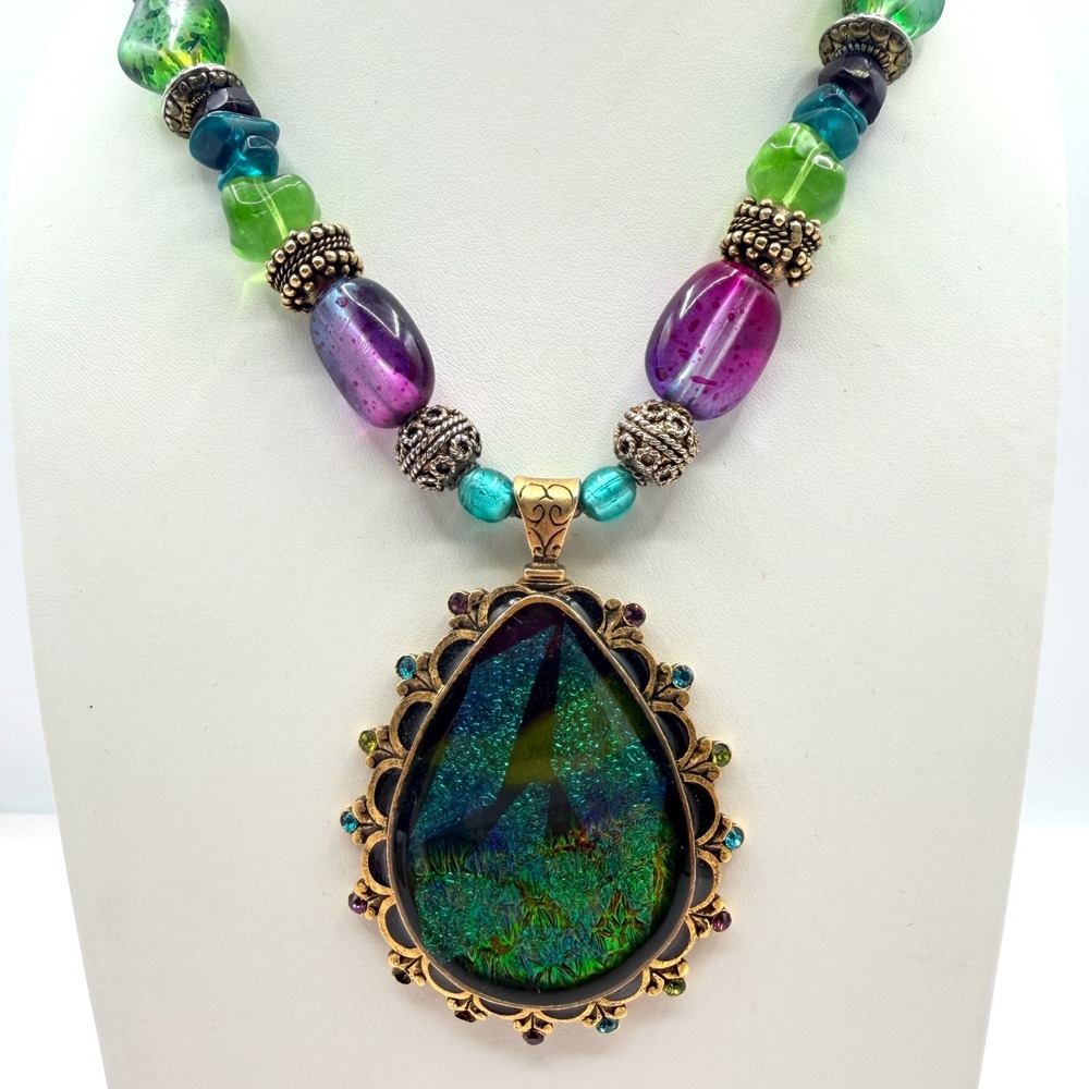 Chicos Gold Tone Art Glass Pendant Necklace Purple Green Boho Beads